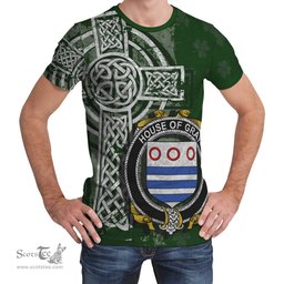 ScotsTee Shop Irish Gray Coat of Arms Irish Family Crest T Shirt Irish Shamrock Celtic Cross Green T Shirt