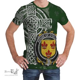 ScotsTee Shop Irish Gillen or O'Gillen Coat of Arms Irish Family Crest T Shirt Irish Shamrock Celtic Cross Green T Shirt