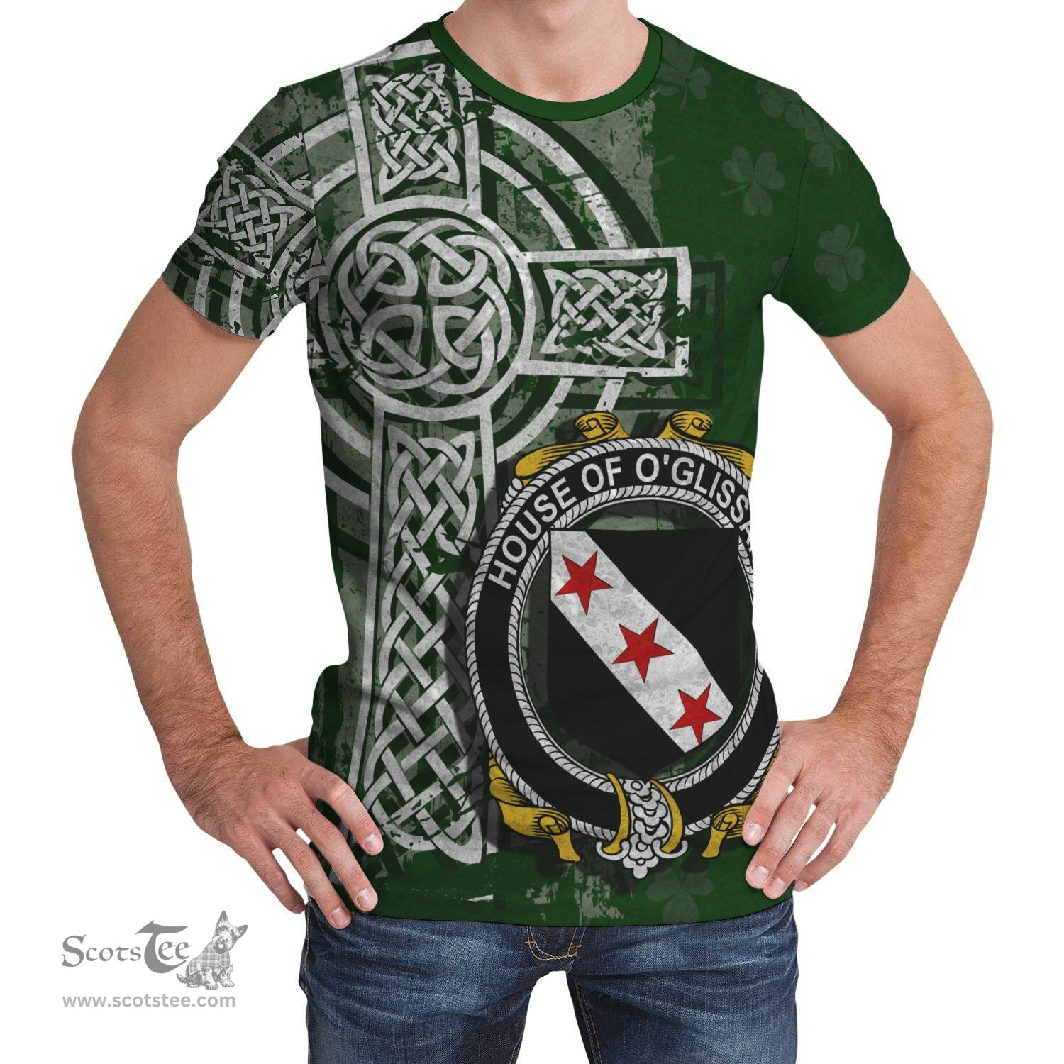 ScotsTee Shop Irish Gleeson or O'Glissane Coat of Arms Irish Family Crest T Shirt Irish Shamrock Celtic Cross Green T Shirt