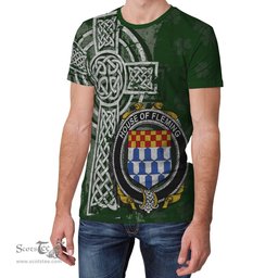 ScotsTee Shop Irish Fleming Coat of Arms Irish Family Crest T Shirt Irish Shamrock Celtic Cross Green T Shirt