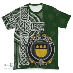 ScotsTee Shop Irish Graham or Grahan Coat of Arms Irish Family Crest T Shirt Irish Shamrock Celtic Cross Green T Shirt