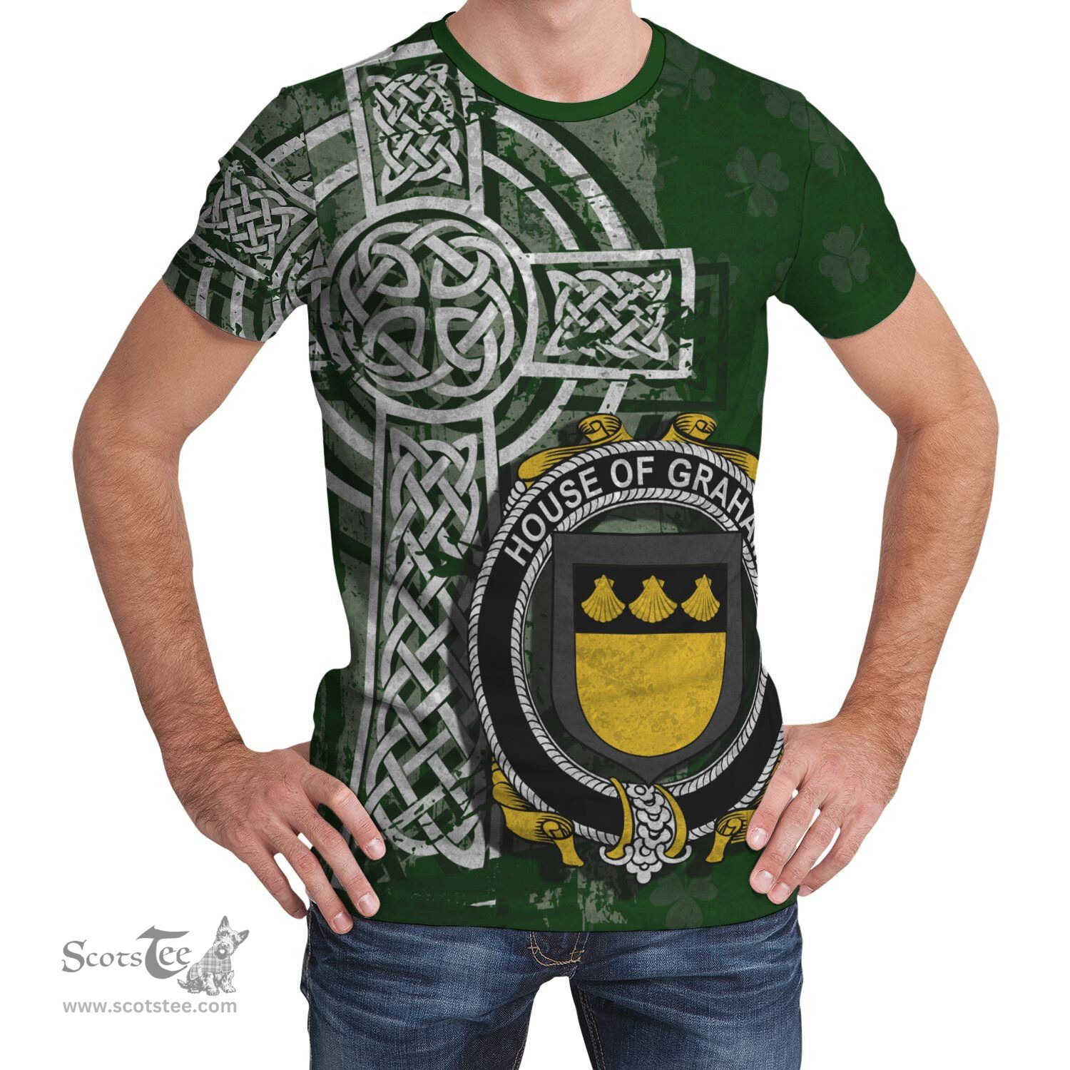 ScotsTee Shop Irish Graham or Grahan Coat of Arms Irish Family Crest T Shirt Irish Shamrock Celtic Cross Green T Shirt