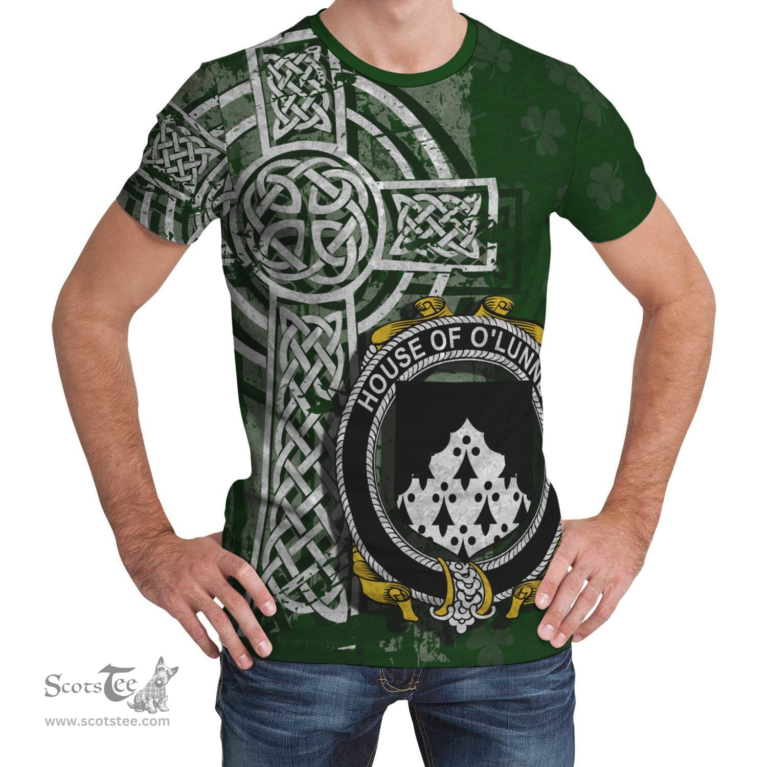 ScotsTee Shop Irish Looney or O'Lunney Coat of Arms Irish Family Crest T Shirt Irish Shamrock Celtic Cross Green T Shirt