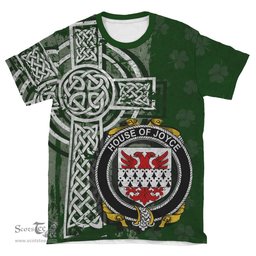 ScotsTee Shop Irish Joyce Coat of Arms Irish Family Crest T Shirt Irish Shamrock Celtic Cross Green T Shirt