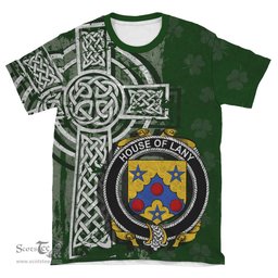 ScotsTee Shop Irish Lany or Laney Coat of Arms Irish Family Crest T Shirt Irish Shamrock Celtic Cross Green T Shirt