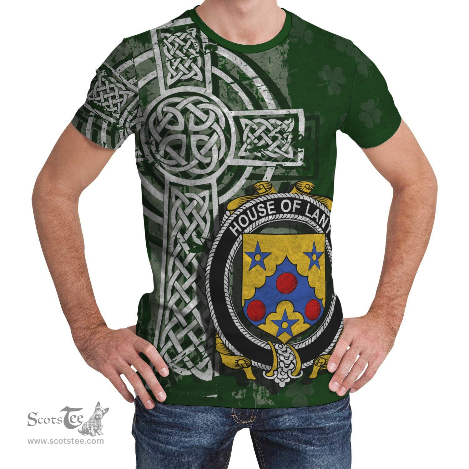 ScotsTee Shop Irish Lany or Laney Coat of Arms Irish Family Crest T Shirt Irish Shamrock Celtic Cross Green T Shirt