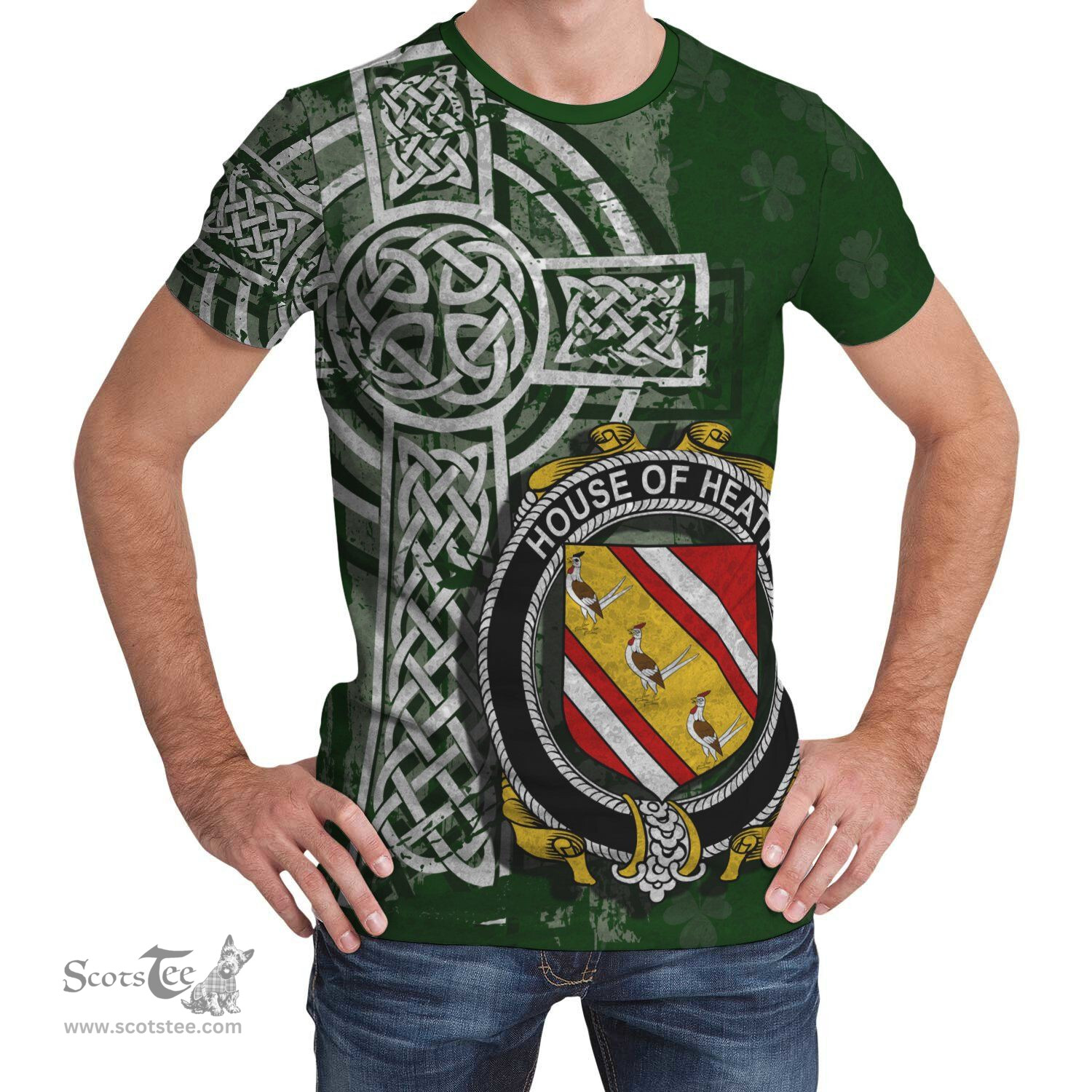 ScotsTee Shop Irish Heath Coat of Arms Irish Family Crest T Shirt Irish Shamrock Celtic Cross Green T Shirt
