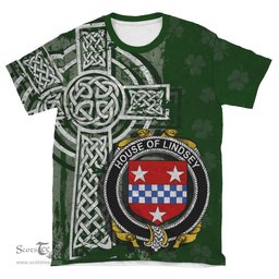 ScotsTee Shop Irish Lindsey Coat of Arms Irish Family Crest T Shirt Irish Shamrock Celtic Cross Green T Shirt