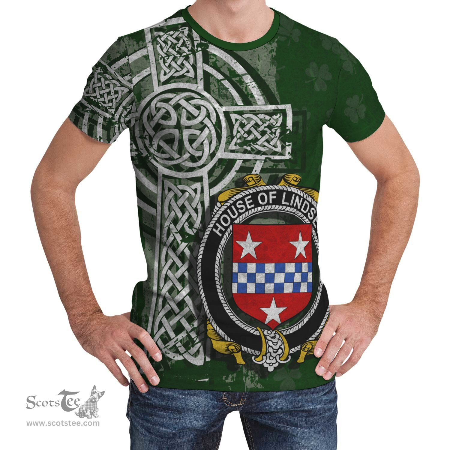 ScotsTee Shop Irish Lindsey Coat of Arms Irish Family Crest T Shirt Irish Shamrock Celtic Cross Green T Shirt