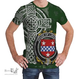 ScotsTee Shop Irish Lindsey Coat of Arms Irish Family Crest T Shirt Irish Shamrock Celtic Cross Green T Shirt