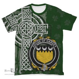 ScotsTee Shop Irish Harvey or Hervey Coat of Arms Irish Family Crest T Shirt Irish Shamrock Celtic Cross Green T Shirt