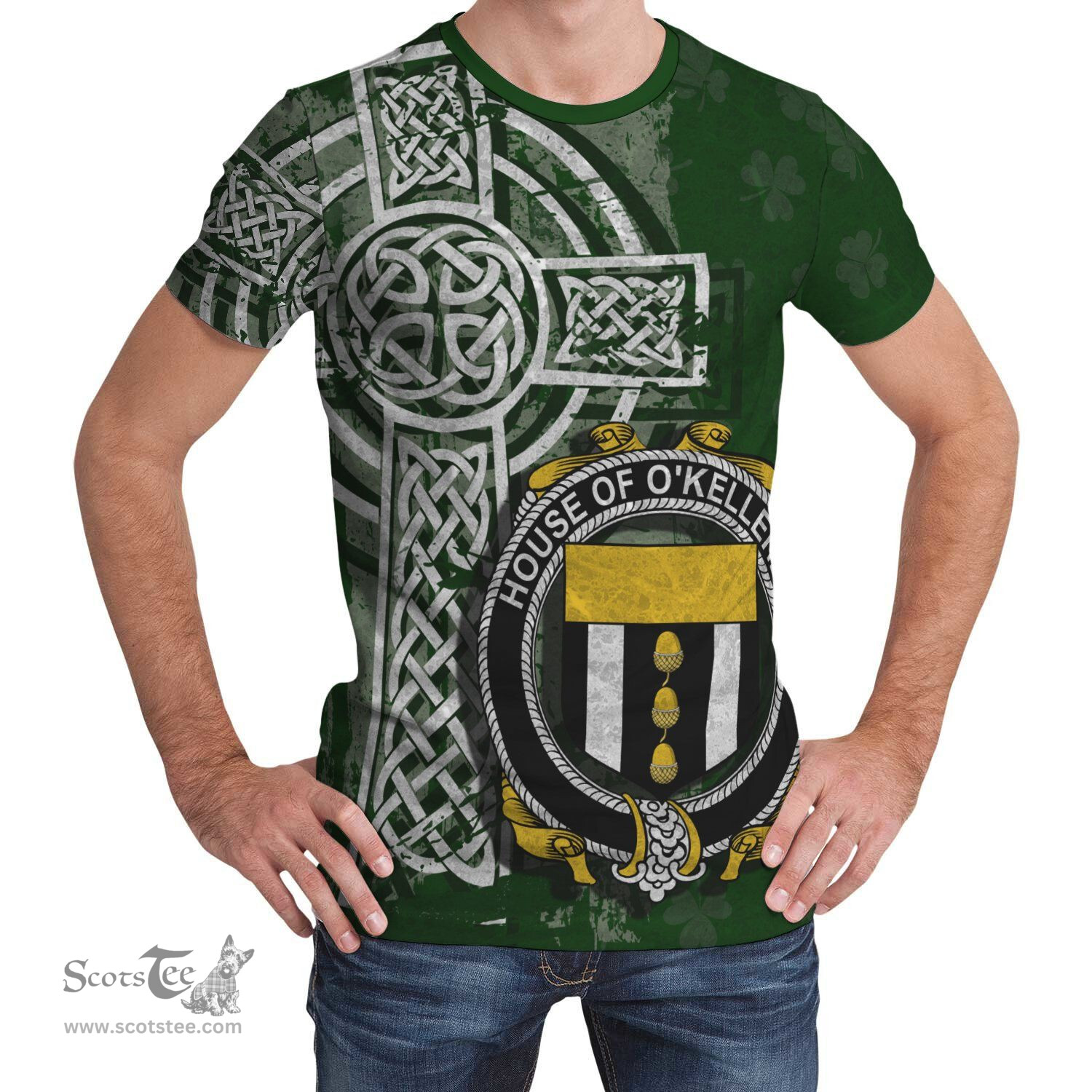 ScotsTee Shop Irish Kelleher or O'Kelleher Coat of Arms Irish Family Crest T Shirt Irish Shamrock Celtic Cross Green T Shirt