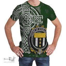 ScotsTee Shop Irish Kelleher or O'Kelleher Coat of Arms Irish Family Crest T Shirt Irish Shamrock Celtic Cross Green T Shirt