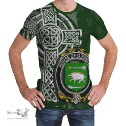 ScotsTee Shop Irish Hanly or O'Hanley Coat of Arms Irish Family Crest T Shirt Irish Shamrock Celtic Cross Green T Shirt