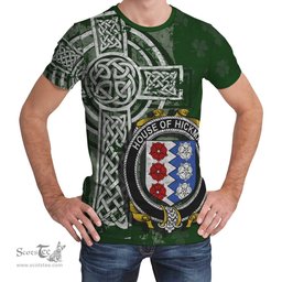 ScotsTee Shop Irish Hickman Coat of Arms Irish Family Crest T Shirt Irish Shamrock Celtic Cross Green T Shirt