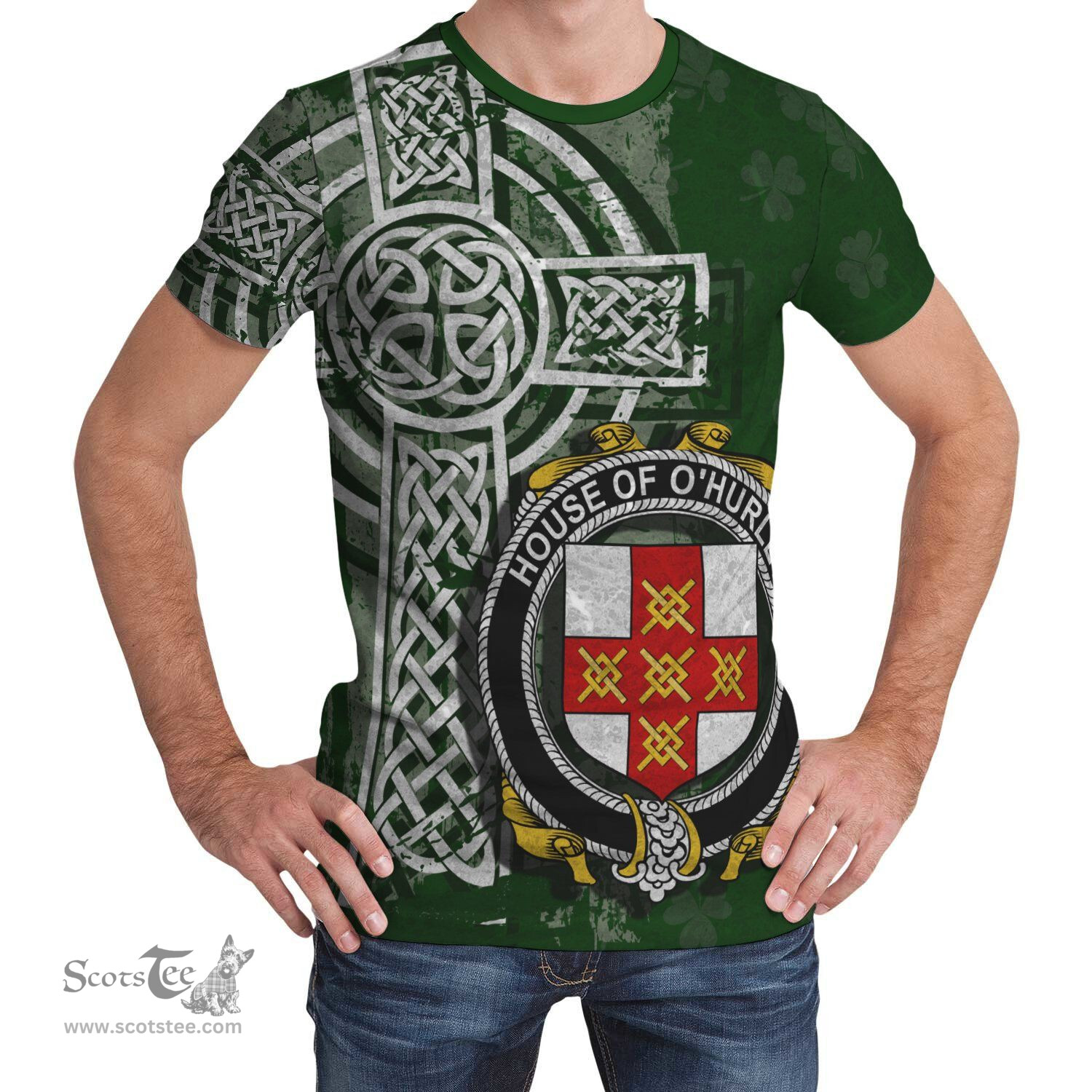 ScotsTee Shop Irish Hurley or O'Hurley Coat of Arms Irish Family Crest T Shirt Irish Shamrock Celtic Cross Green T Shirt