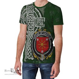 ScotsTee Shop Irish Harold or Harrell Coat of Arms Irish Family Crest T Shirt Irish Shamrock Celtic Cross Green T Shirt