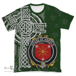 ScotsTee Shop Irish Harold or Harrell Coat of Arms Irish Family Crest T Shirt Irish Shamrock Celtic Cross Green T Shirt