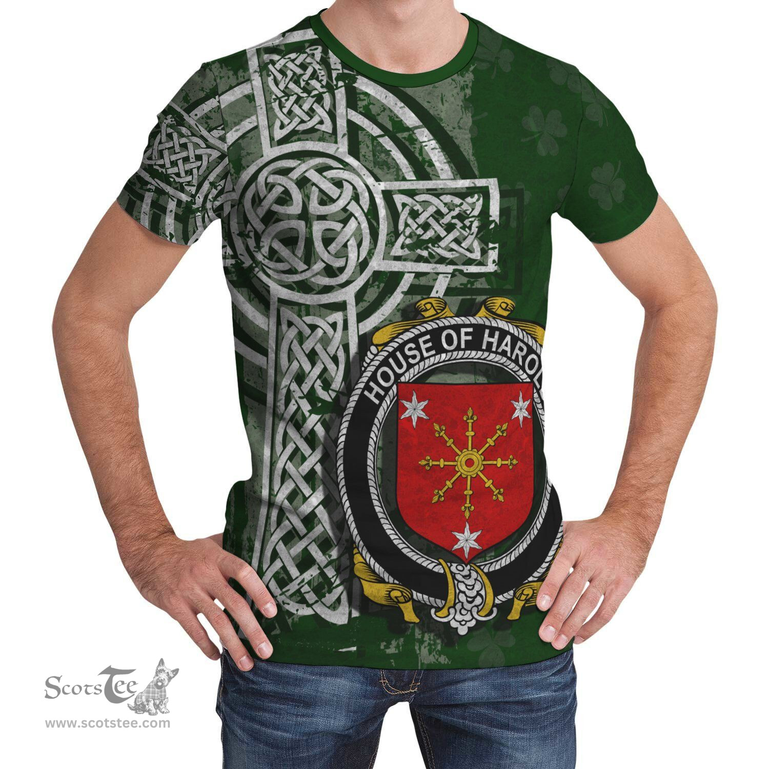 ScotsTee Shop Irish Harold or Harrell Coat of Arms Irish Family Crest T Shirt Irish Shamrock Celtic Cross Green T Shirt