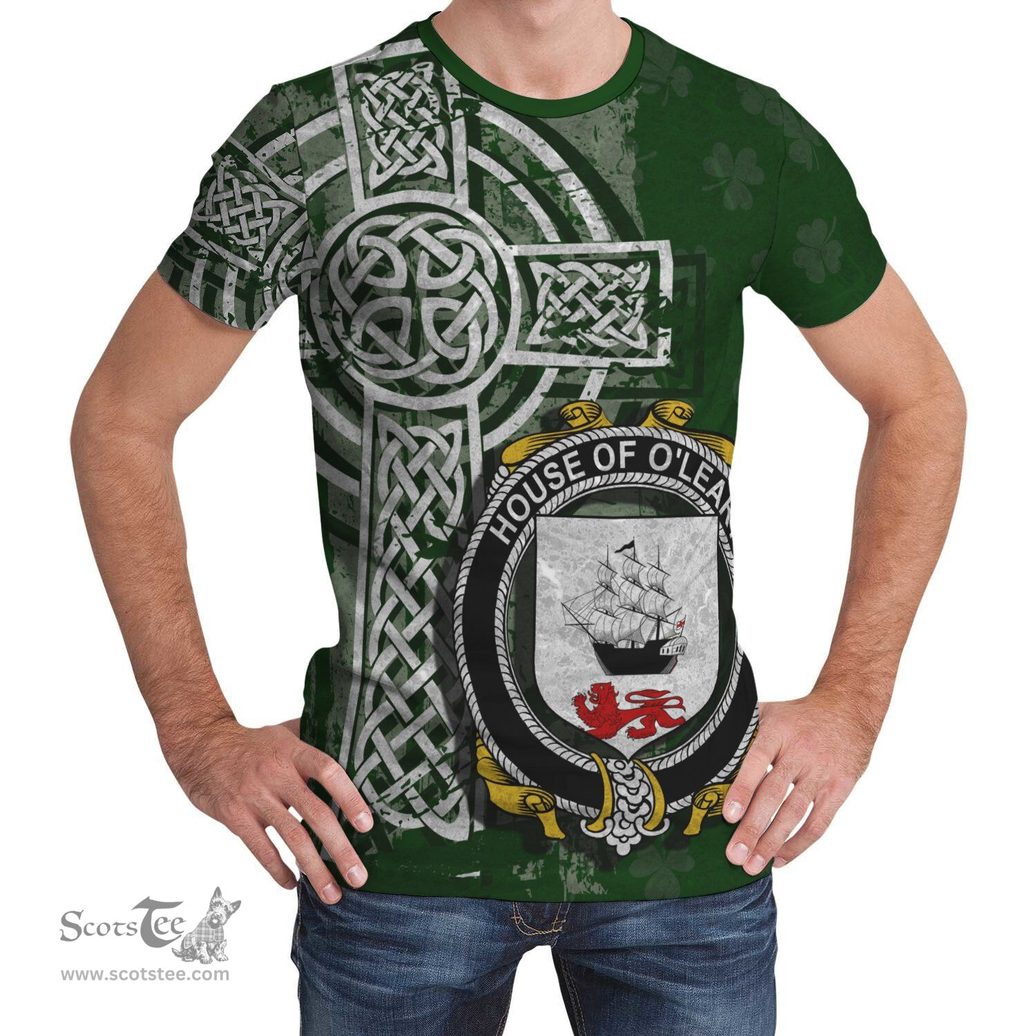 ScotsTee Shop Irish Leary or O'Leary Coat of Arms Irish Family Crest T Shirt Irish Shamrock Celtic Cross Green T Shirt