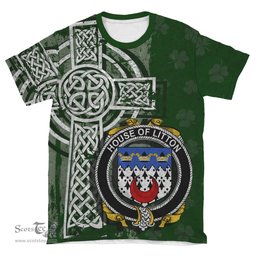 ScotsTee Shop Irish Litton Coat of Arms Irish Family Crest T Shirt Irish Shamrock Celtic Cross Green T Shirt