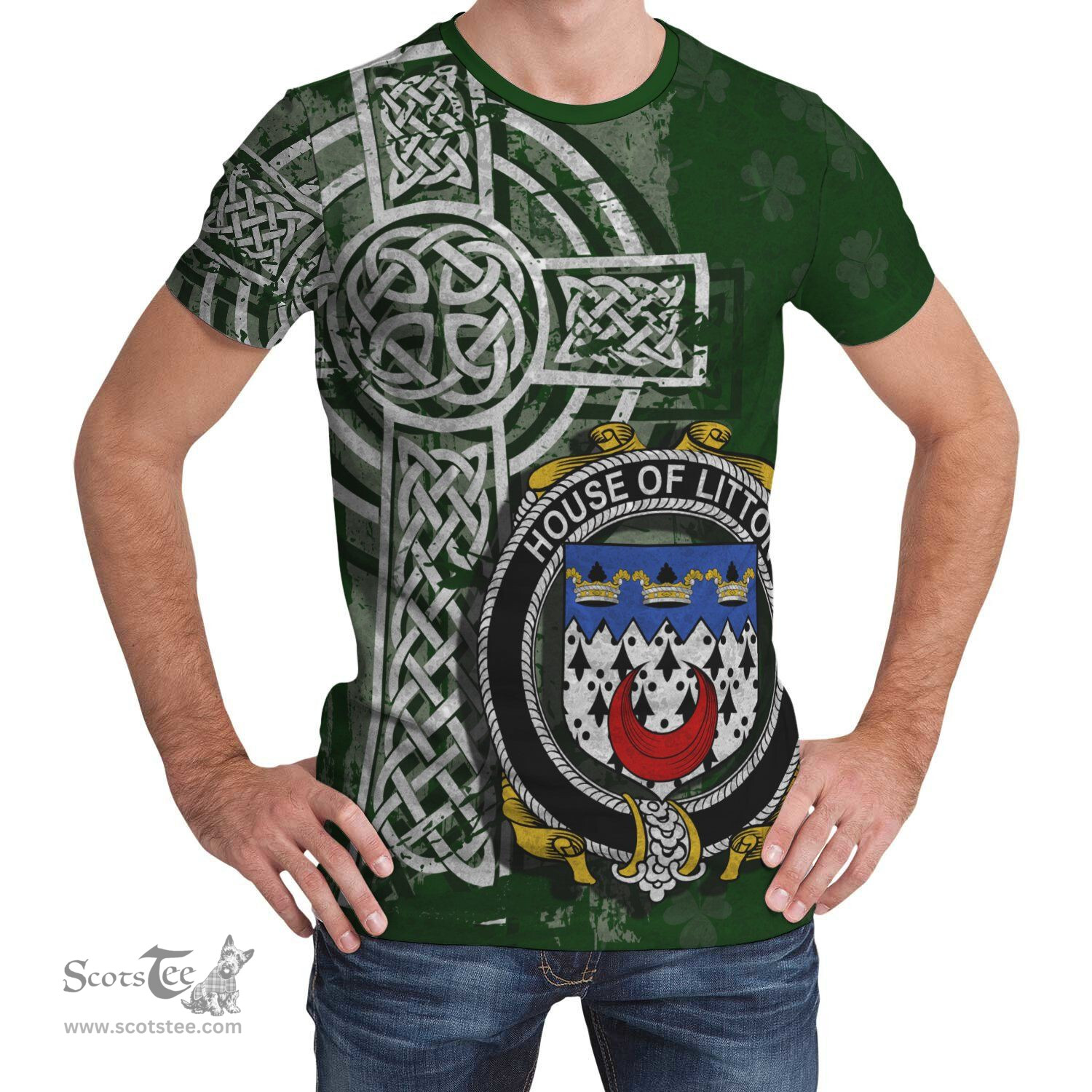 ScotsTee Shop Irish Litton Coat of Arms Irish Family Crest T Shirt Irish Shamrock Celtic Cross Green T Shirt
