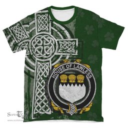ScotsTee Shop Irish Lawless Coat of Arms Irish Family Crest T Shirt Irish Shamrock Celtic Cross Green T Shirt