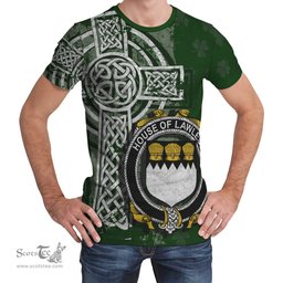 ScotsTee Shop Irish Lawless Coat of Arms Irish Family Crest T Shirt Irish Shamrock Celtic Cross Green T Shirt