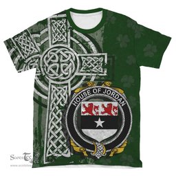 ScotsTee Shop Irish Jordan Coat of Arms Irish Family Crest T Shirt Irish Shamrock Celtic Cross Green T Shirt