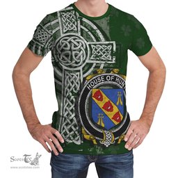 ScotsTee Shop Irish Hunt Coat of Arms Irish Family Crest T Shirt Irish Shamrock Celtic Cross Green T Shirt