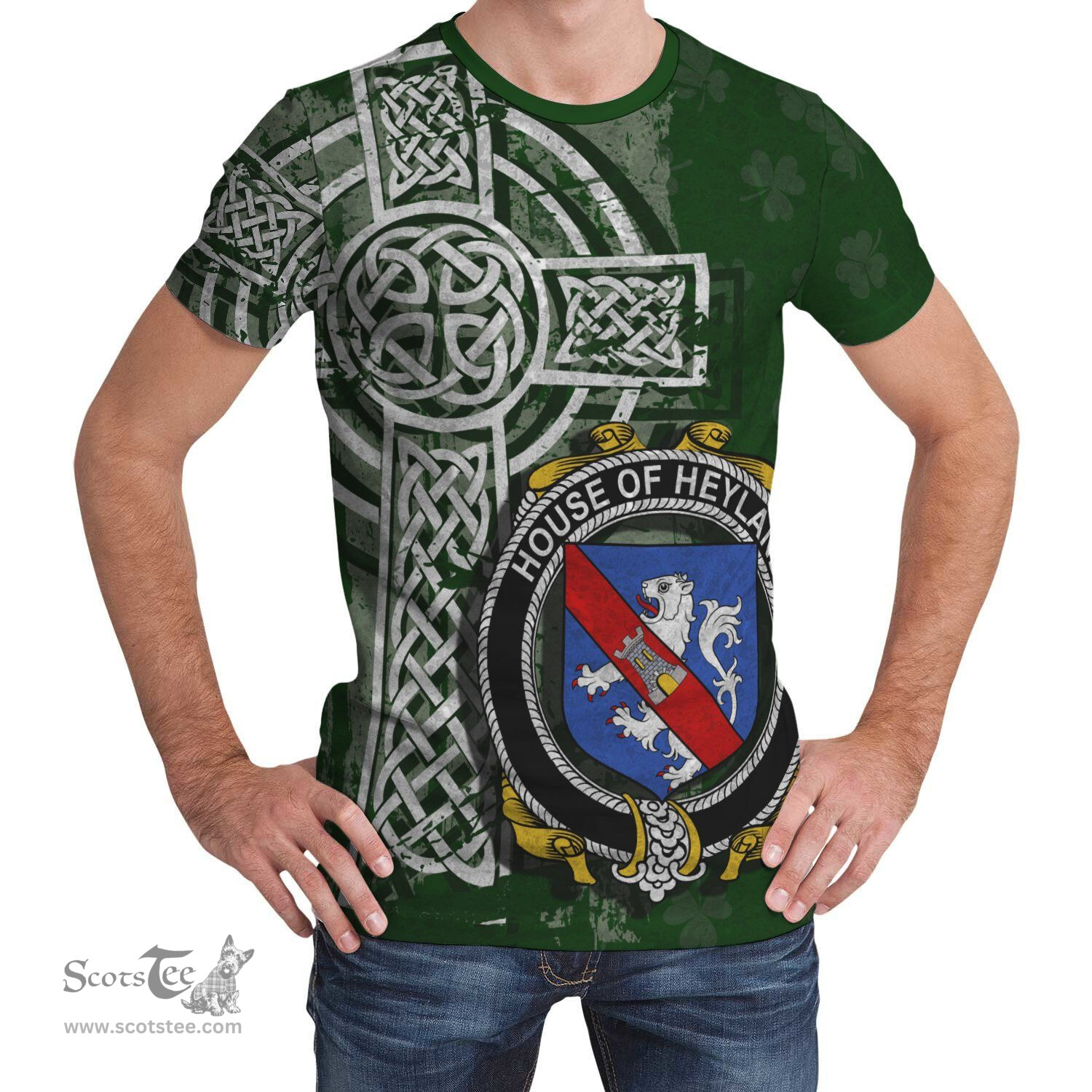 ScotsTee Shop Irish Heyland Coat of Arms Irish Family Crest T Shirt Irish Shamrock Celtic Cross Green T Shirt