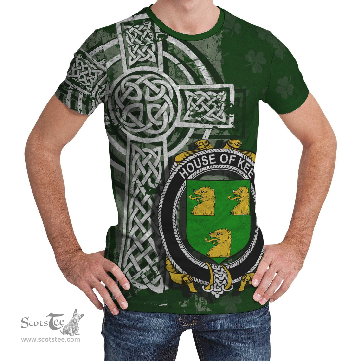 ScotsTee Shop Irish Kee or McKee Coat of Arms Irish Family Crest T Shirt Irish Shamrock Celtic Cross Green T Shirt