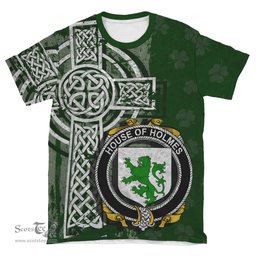 ScotsTee Shop Irish Holmes Coat of Arms Irish Family Crest T Shirt Irish Shamrock Celtic Cross Green T Shirt