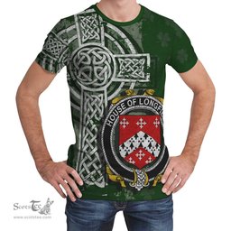 ScotsTee Shop Irish Longfield Coat of Arms Irish Family Crest T Shirt Irish Shamrock Celtic Cross Green T Shirt