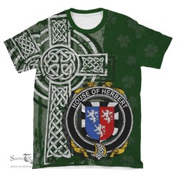 ScotsTee Shop Irish Herbert Coat of Arms Irish Family Crest T Shirt Irish Shamrock Celtic Cross Green T Shirt