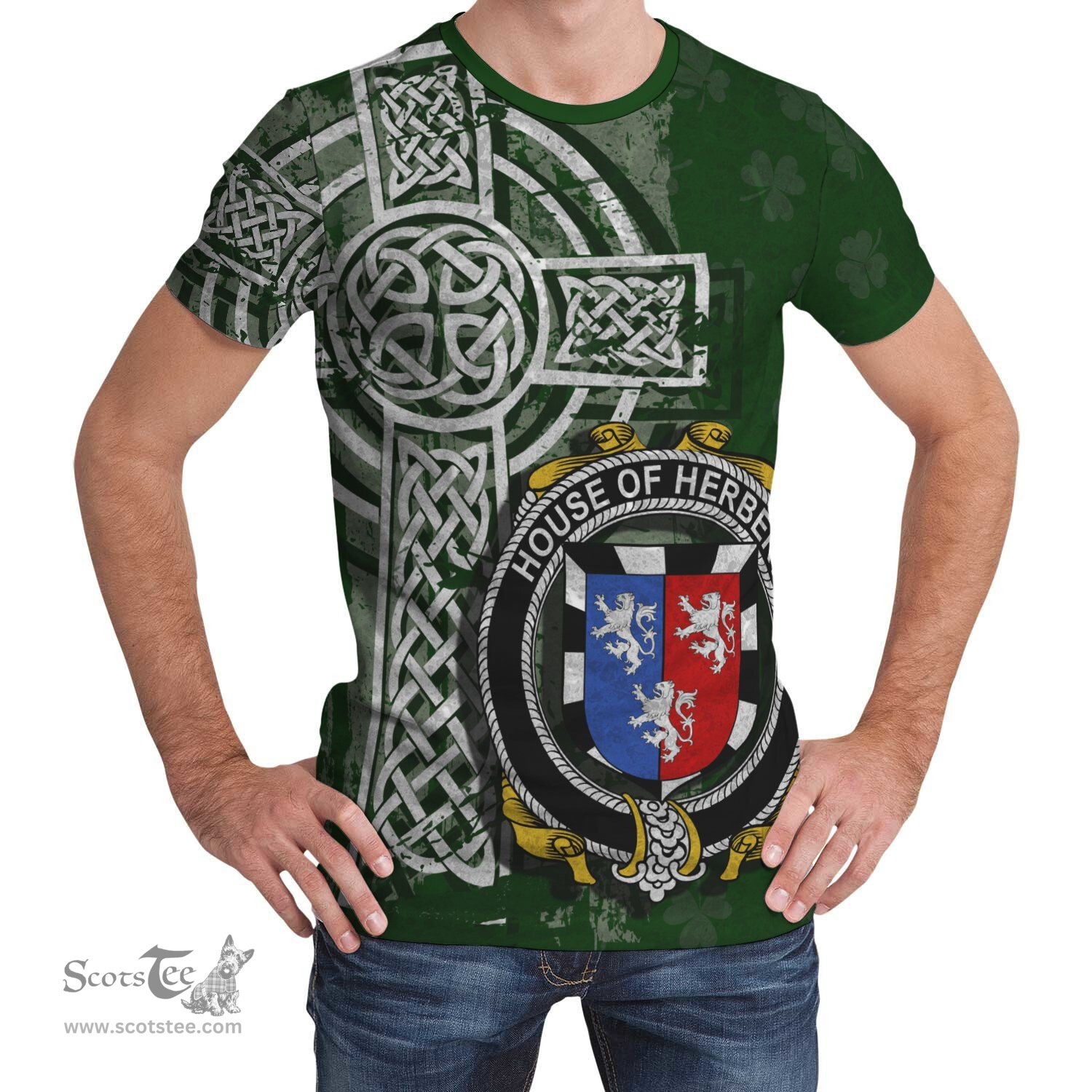 ScotsTee Shop Irish Herbert Coat of Arms Irish Family Crest T Shirt Irish Shamrock Celtic Cross Green T Shirt