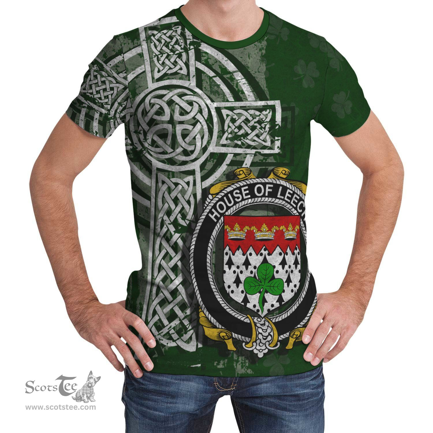 ScotsTee Shop Irish Leech Coat of Arms Irish Family Crest T Shirt Irish Shamrock Celtic Cross Green T Shirt