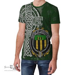 ScotsTee Shop Irish Langford Coat of Arms Irish Family Crest T Shirt Irish Shamrock Celtic Cross Green T Shirt