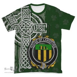ScotsTee Shop Irish Langford Coat of Arms Irish Family Crest T Shirt Irish Shamrock Celtic Cross Green T Shirt