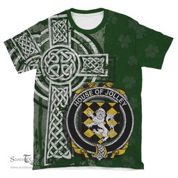 ScotsTee Shop Irish Jolley or Jolly Coat of Arms Irish Family Crest T Shirt Irish Shamrock Celtic Cross Green T Shirt