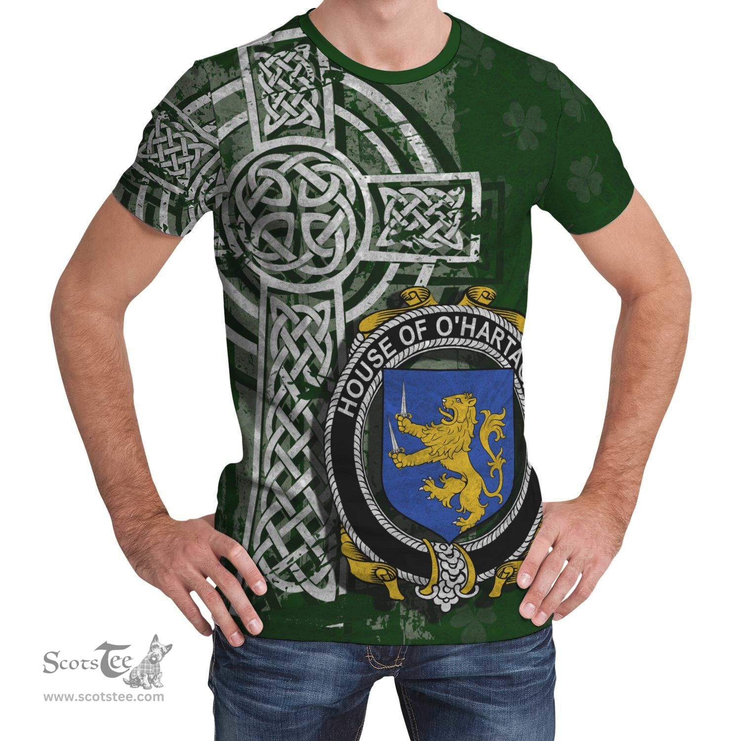 ScotsTee Shop Irish Hartigan or O'Hartagan Coat of Arms Irish Family Crest T Shirt Irish Shamrock Celtic Cross Green T Shirt