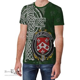 ScotsTee Shop Irish Johnson Coat of Arms Irish Family Crest T Shirt Irish Shamrock Celtic Cross Green T Shirt