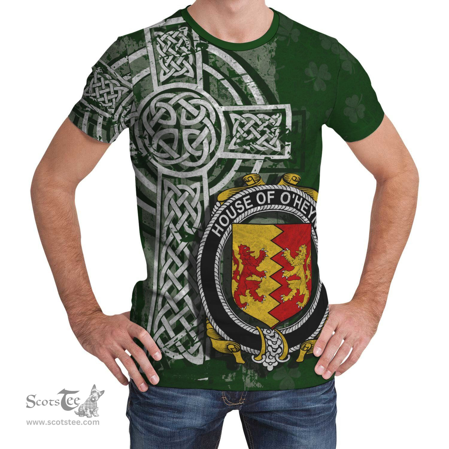 ScotsTee Shop Irish Heyne or O'Heyne Coat of Arms Irish Family Crest T Shirt Irish Shamrock Celtic Cross Green T Shirt
