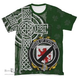 ScotsTee Shop Irish Hyland or O'Hyland Coat of Arms Irish Family Crest T Shirt Irish Shamrock Celtic Cross Green T Shirt
