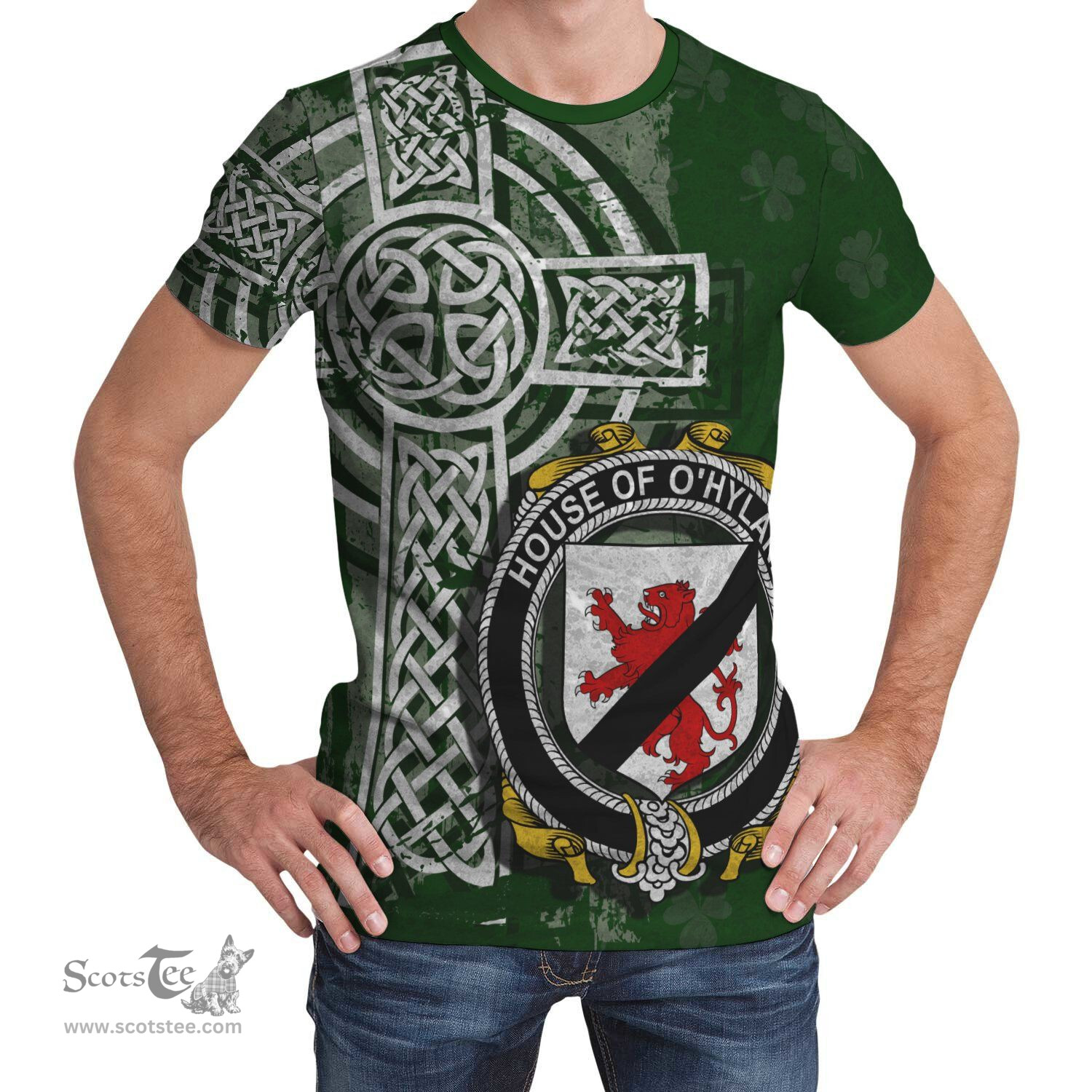 ScotsTee Shop Irish Hyland or O'Hyland Coat of Arms Irish Family Crest T Shirt Irish Shamrock Celtic Cross Green T Shirt