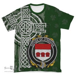 ScotsTee Shop Irish Haugh or O'Hough Coat of Arms Irish Family Crest T Shirt Irish Shamrock Celtic Cross Green T Shirt
