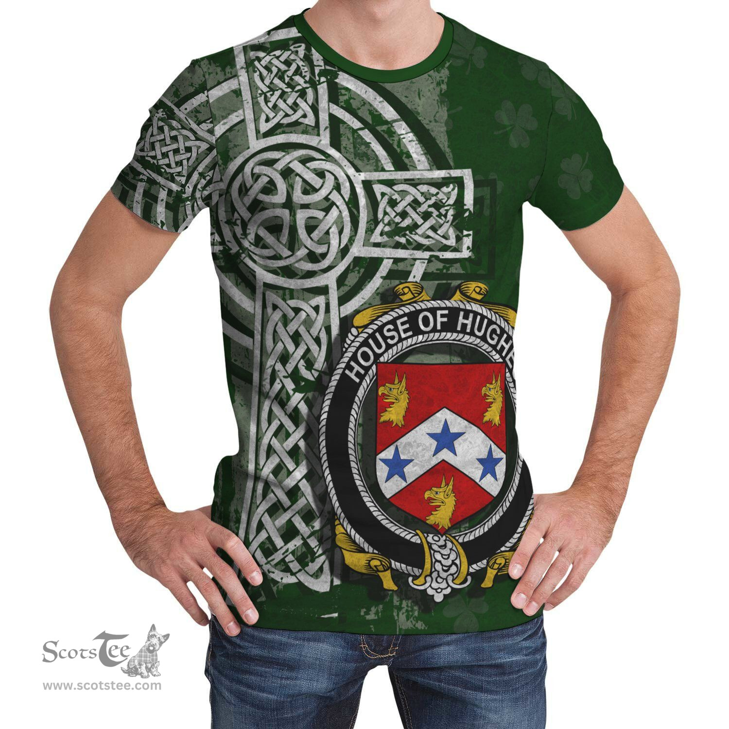 ScotsTee Shop Irish Hughes Coat of Arms Irish Family Crest T Shirt Irish Shamrock Celtic Cross Green T Shirt