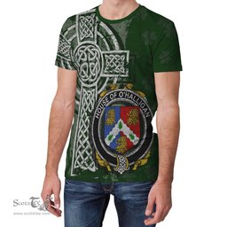 ScotsTee Shop Irish Holligan or O'Halligan Coat of Arms Irish Family Crest T Shirt Irish Shamrock Celtic Cross Green T Shirt
