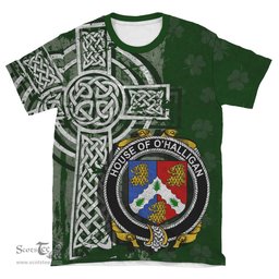ScotsTee Shop Irish Holligan or O'Halligan Coat of Arms Irish Family Crest T Shirt Irish Shamrock Celtic Cross Green T Shirt