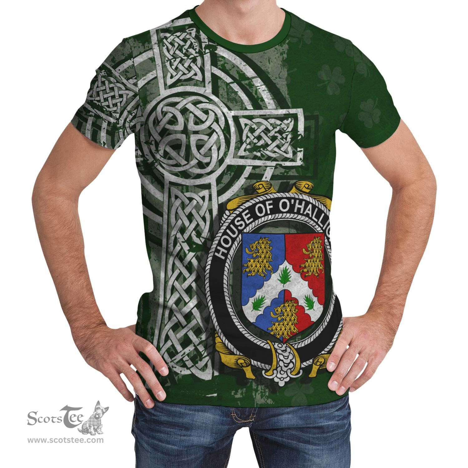 ScotsTee Shop Irish Holligan or O'Halligan Coat of Arms Irish Family Crest T Shirt Irish Shamrock Celtic Cross Green T Shirt